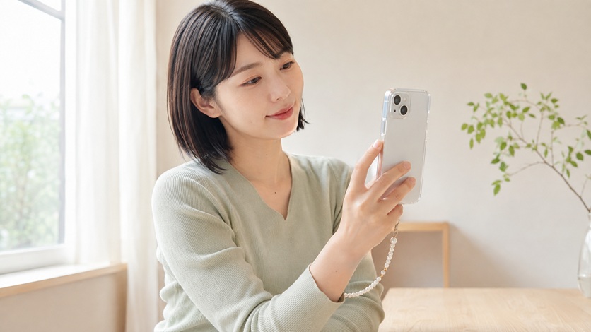 クリアケースにパール調ストラップを付けたスマホを見る日本人女性