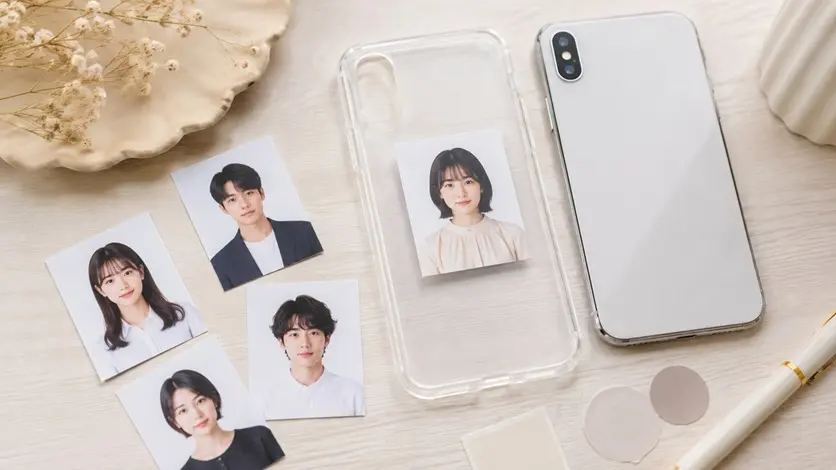 透明スマホケースと複数の証明写真を並べた様子