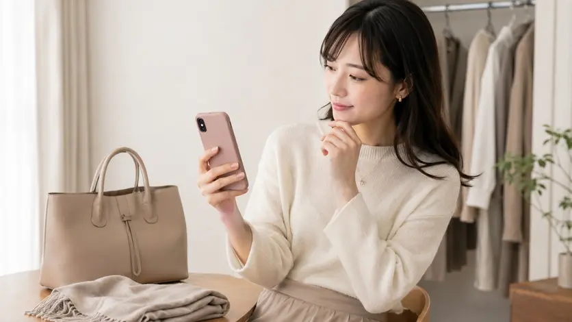 ベージュの服やバッグに合うピンクのスマホケースを選ぶ女性
