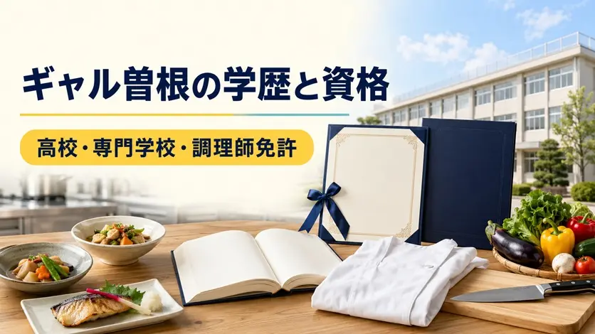 専門学校と調理実習室を背景に、調理師免許や料理道具でギャル曽根の学歴と資格を表した画像。