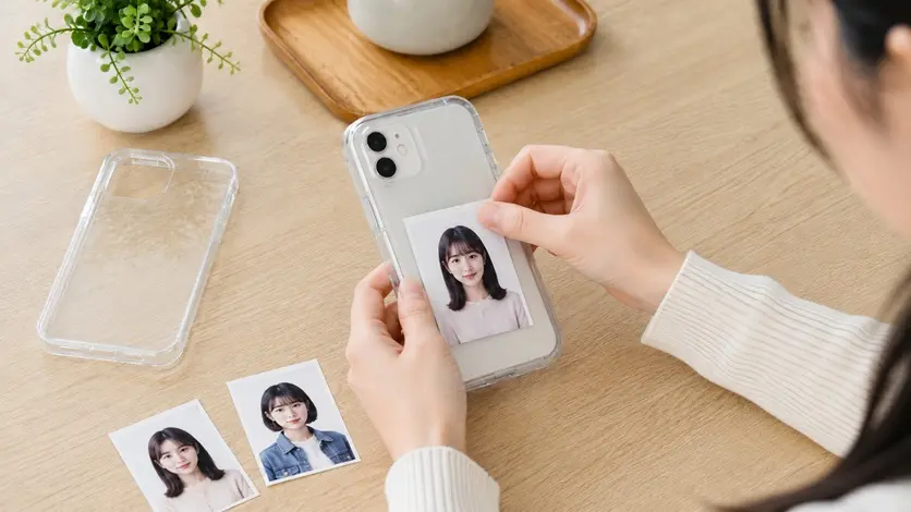 透明なスマホケースの背面に証明写真を挟む手元