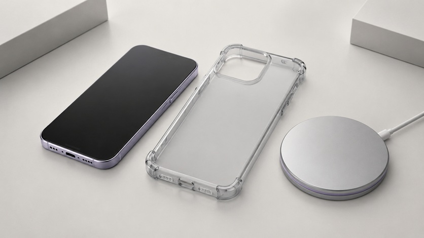 スマートフォンとクリアケース、ワイヤレス充電器を並べて対応機種と充電方法を確認するイメージ