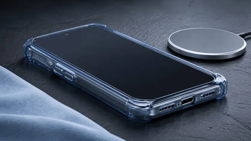四隅を保護するクリアケース付きスマホとワイヤレス充電器