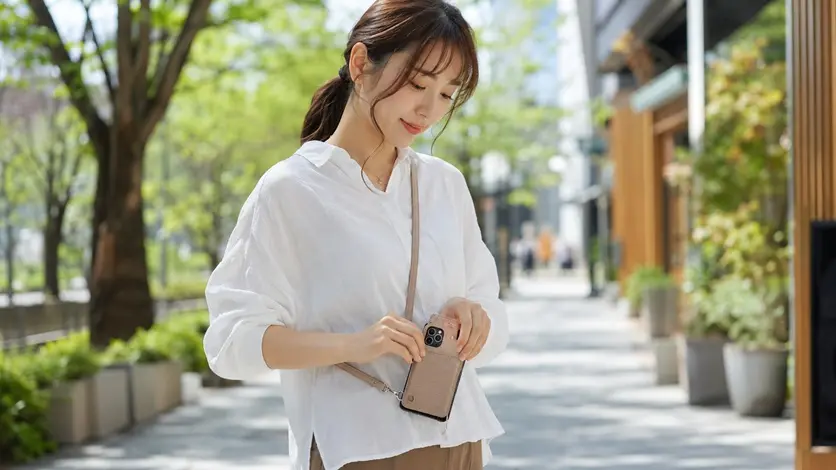 ショルダー型スマホケースを斜め掛けして使う女性