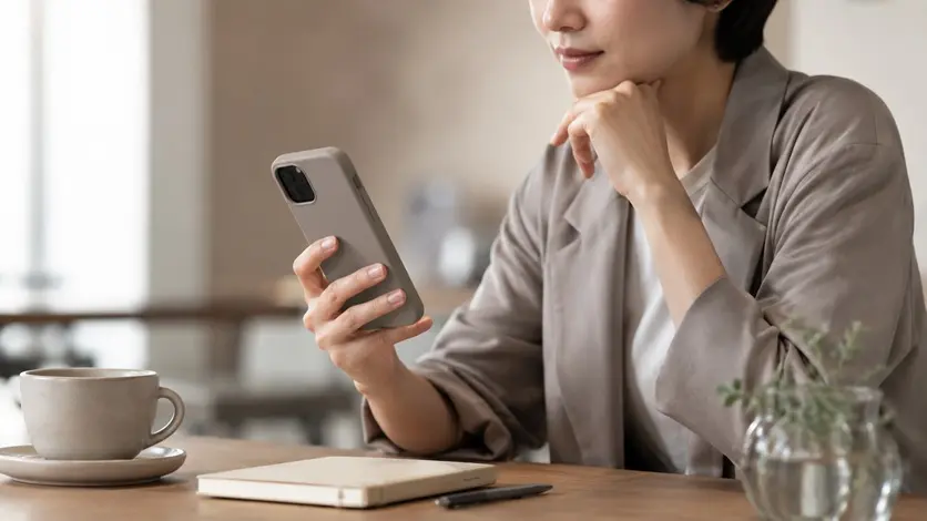 落ち着いた色のスマホケースを手に持つ日本人女性のイメージ
