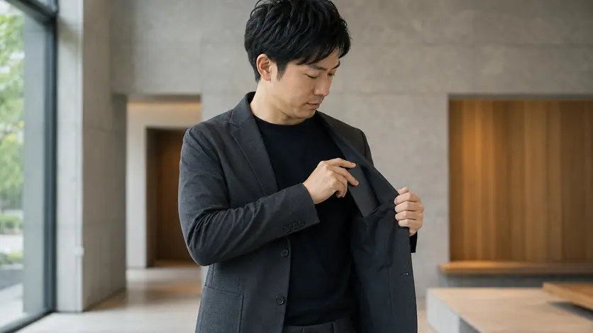 薄型スマホケースをジャケットの内ポケットに入れる日本人男性