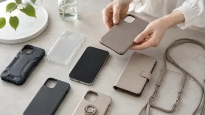 複数のスマホケースを並べて比較している様子