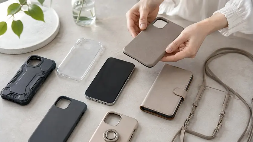 複数のスマホケースを並べて比較している様子