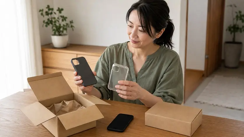 届いた箱を開けて黒とクリアのスマホケースを比較する日本人女性