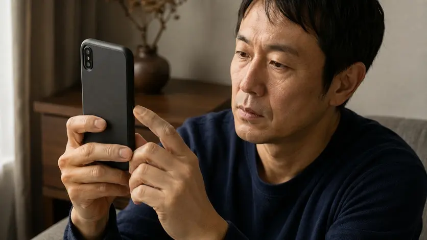スマホケースの側面と装着状態を確認する日本人男性