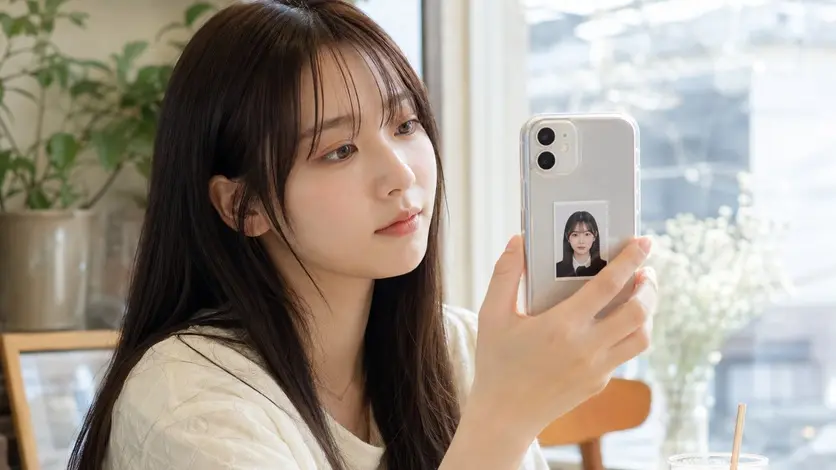 透明なスマホケースに証明写真を入れて持つ女性