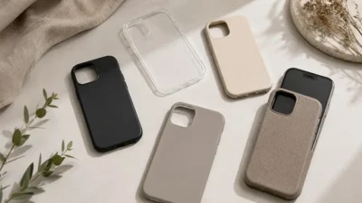 クリア・黒・ベージュ・グレージュ・レザー調のスマホケースを並べて比較したイメージ