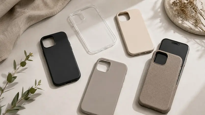 クリア・黒・ベージュ・グレージュ・レザー調のスマホケースを並べて比較したイメージ